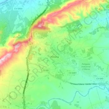 Mapa topográfico Ollería, altitud, relieve