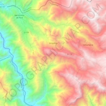 Mapa topográfico Longotea, altitud, relieve