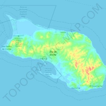 Mapa topográfico Isla de Coche, altitud, relieve