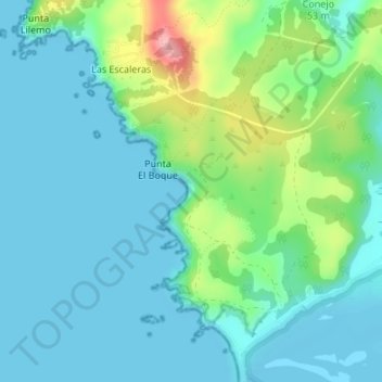 Mapa topográfico Playa Rocoto, altitud, relieve