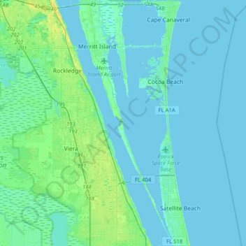 Mapa topográfico Merritt Island, altitud, relieve