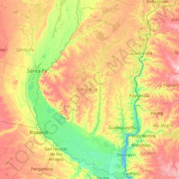 Mapa topográfico Entre Ríos, altitud, relieve